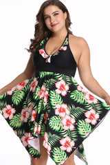 Plus-size women's black floral print halter neck one-piece swimsuit with skirt overlay, front view