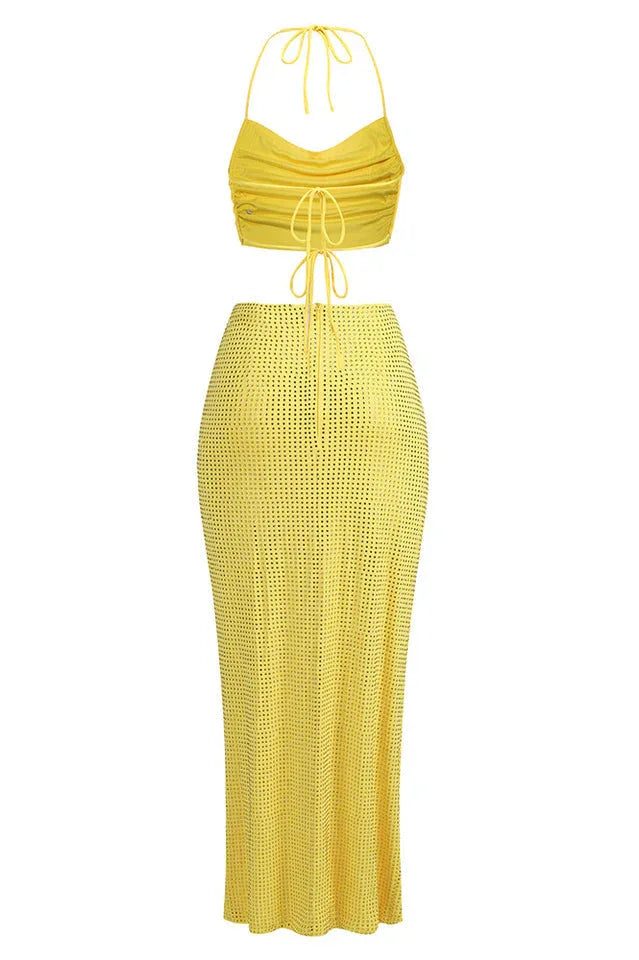 Solvia Halter Neck Pleated Diamond Set - TEVQA