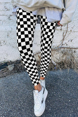 Leggings with a black and white checkerboard pattern