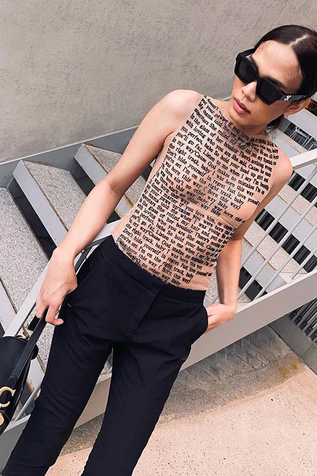 Text print sleeveless mesh top - View 7 | TEVQA