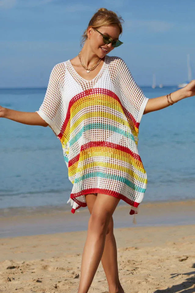 Rainbow Stripe Openwork Slit Cover Up - View 12 | TEVQA