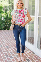 Women’s Floral Print Ruffle Sleeve Blouse - TEVQA