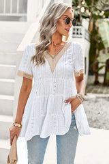 White Eyelet Embroidery V-Neck Blouse - TEVQA