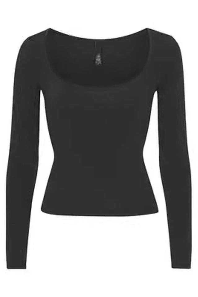 Black long-sleeve cropped top with a square neckline, front view.