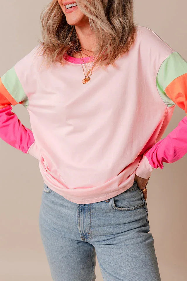 Playful Color Block Long Sleeve Top - TEVQA
