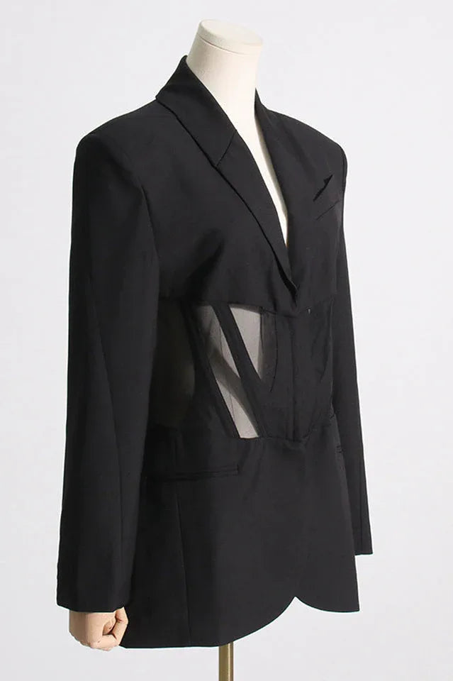 Tuxedo dress with sheer detail - View 6 | TEVQA