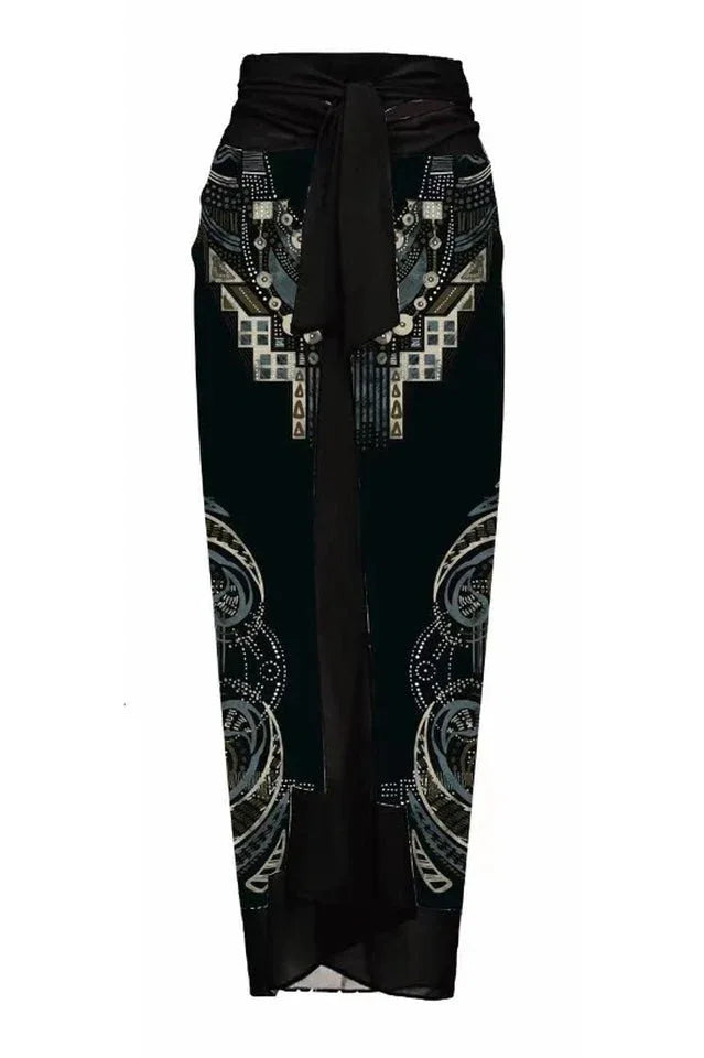 One shoulder swimsuit with tropical print and floral applique, paired with a matching skirt. - View 11 | TEVQA