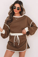 Forest green contrast trim pullover and skort set - View 10 | TEVQA