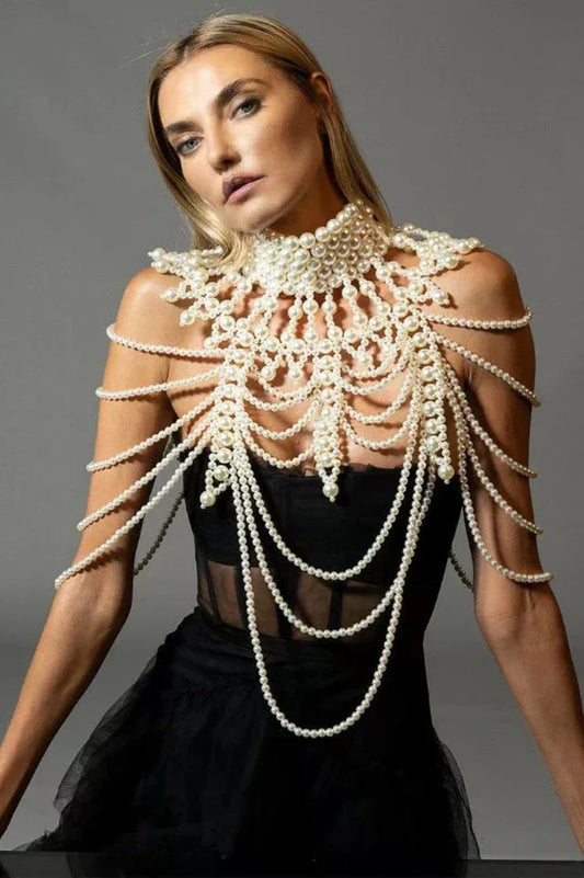 Megan Pearl Body Chain Bra - Statement Shoulder Bib Necklace & Bridal Cape Jewelry - TEVQA