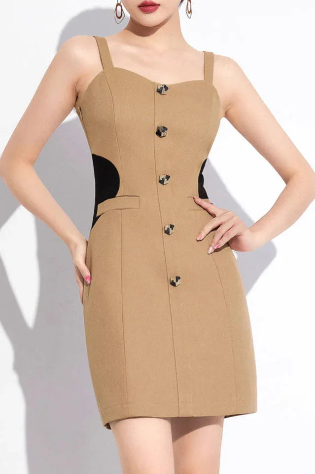 Front view of a beige mini dress with a square neckline, button detailing, and black side accents