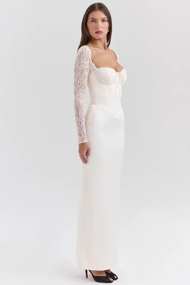 Vintage Ivory Satin Maxi Dress - TEVQA
