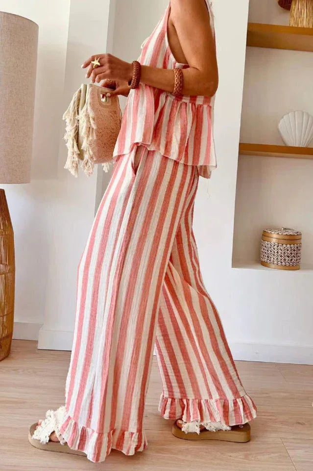 Striped linen blend wide leg pants set - View 6 | TEVQA