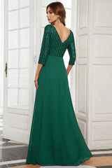 Back view of a woman in a floor-length emerald green sequined formal gown with 3/4 sleeves.