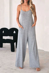 Grey wide leg jumpsuit with spaghetti straps and front pockets - View 6 | TEVQA