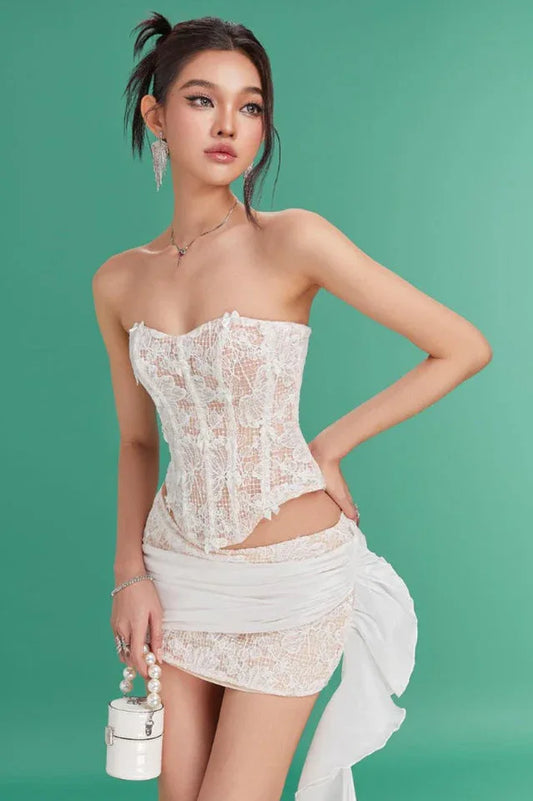 Strapless Lace Corset Dress Set - TEVQA