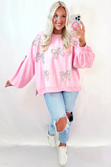 Coquette Pink Bow Applique Sweatshirt - TEVQA