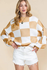 Women’s Pink Checkerboard Oversized Knit Sweater - TEVQA
