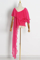 pink pleated ruffled top displayed on a mannequin