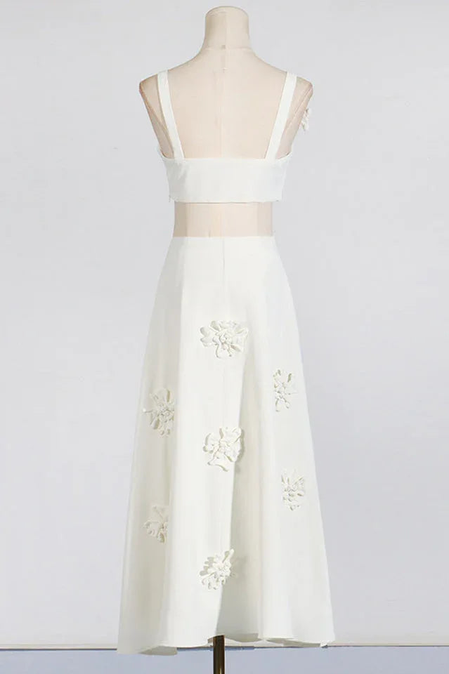 White floral applique crop top and A-line skirt set - View 6 | TEVQA