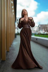 Rosey Tan Maxi Dress With Waist Belt | Dress In Beauty