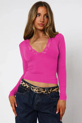 Lace Trim V-Neck Long Sleeve Top - View 6 | TEVQA