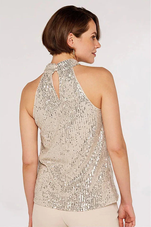 Apricot Champagne Sequin Halter Neck Top | Elegant High Neck Sleeveless Blouse - TEVQA