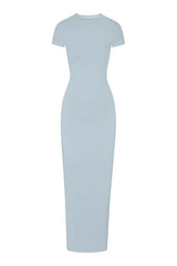A light blue, full-length, fitted knit dress with cap sleeves and a round neckline, displayed flat.