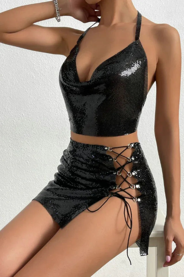 Metallic halter neck crop top and skirt set - View 6 | TEVQA
