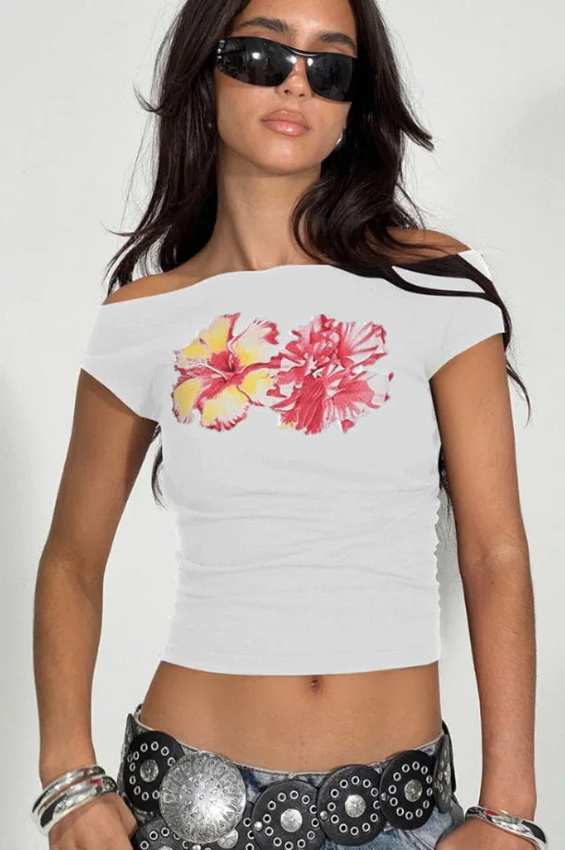 Twist Off Shoulder Graphic Top - TEVQA