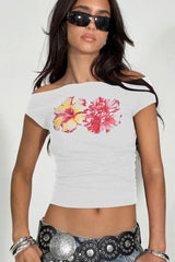 Twist Off Shoulder Graphic Top - TEVQA