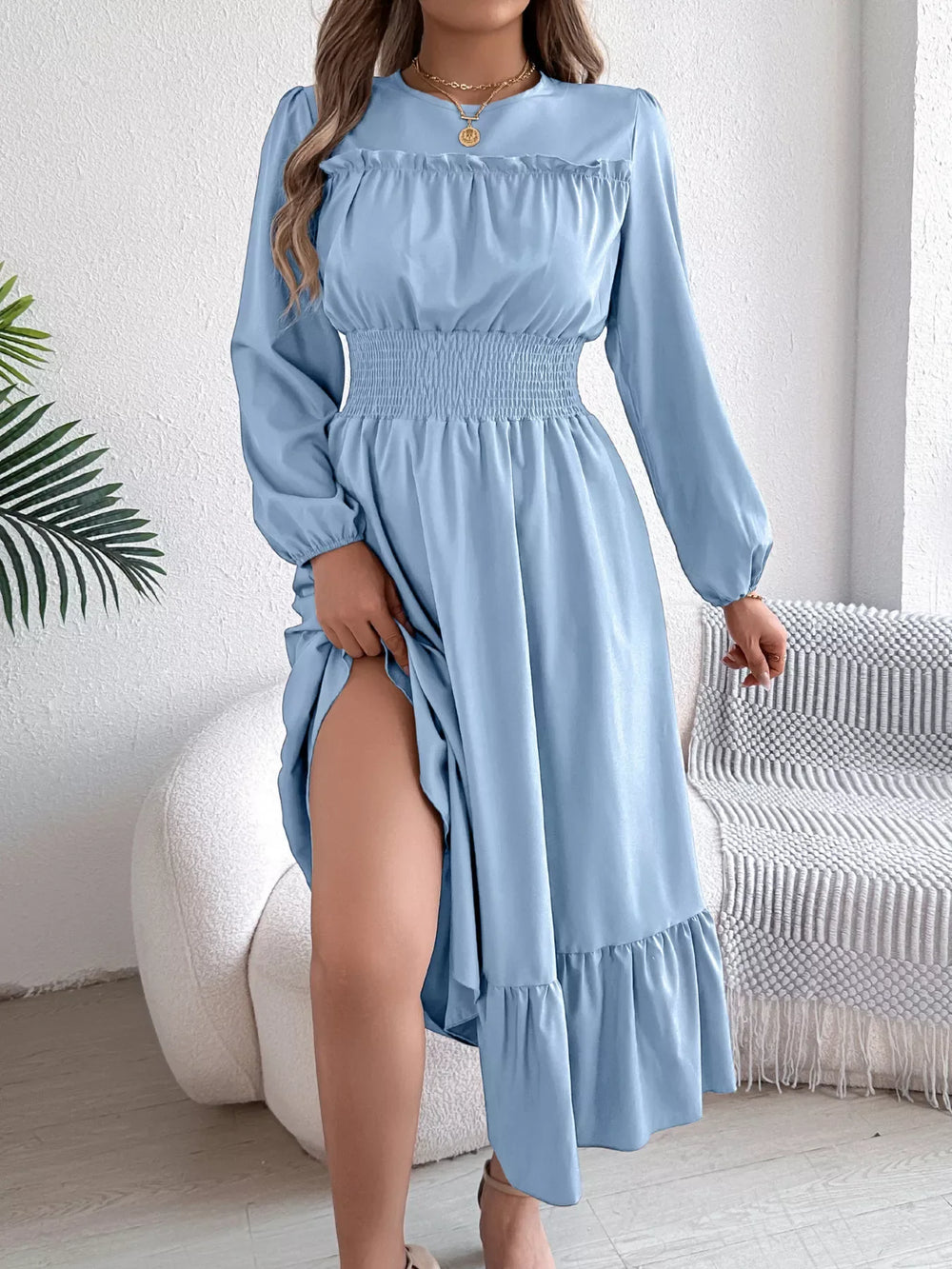 Emerald Green Ruffle Smocked Waist Maxi Dress - View 26 | TEVQA