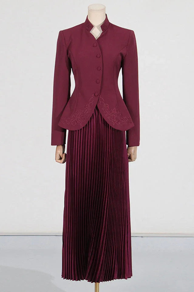 Mandarin Collar Peplum Jacket and Pleated Skirt Set - View 6 | TEVQA
