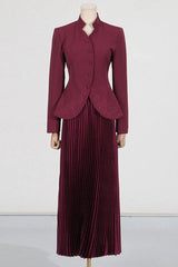 Mandarin Collar Peplum Jacket and Pleated Skirt Set - View 6 | TEVQA