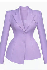 Front view of a lavender peplum blazer with a notched lapel