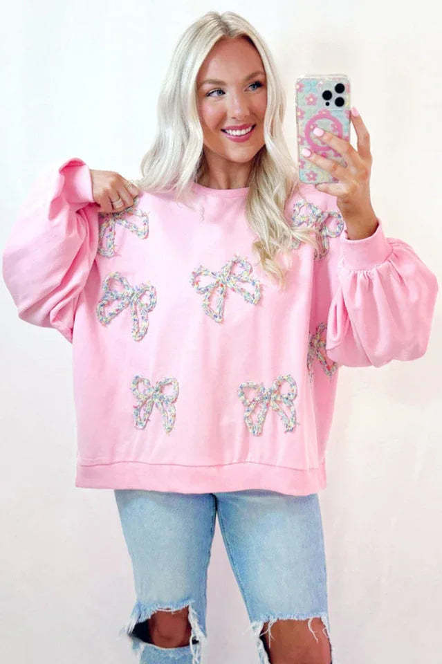Coquette Pink Bow Applique Sweatshirt - TEVQA