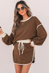 Forest green contrast trim pullover and skort set - View 11 | TEVQA