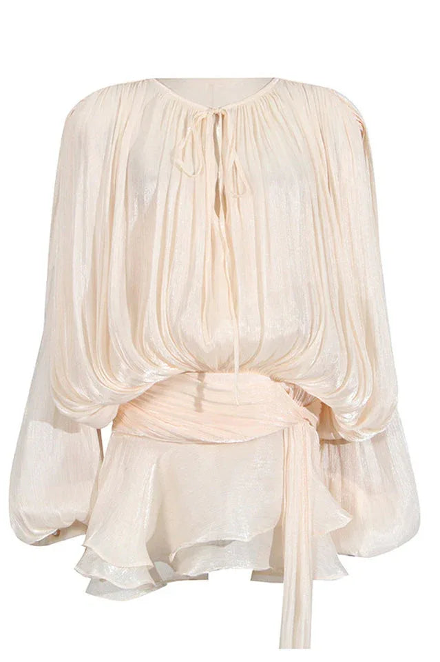 Apricot Ruffled Mini Dress with Flowing Silhouette - View 6 | TEVQA