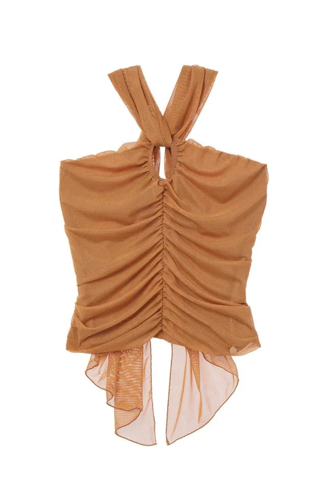 Gray ruched halter top with O-ring detail - View 10 | TEVQA