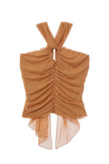 Gray ruched halter top with O-ring detail - View 10 | TEVQA