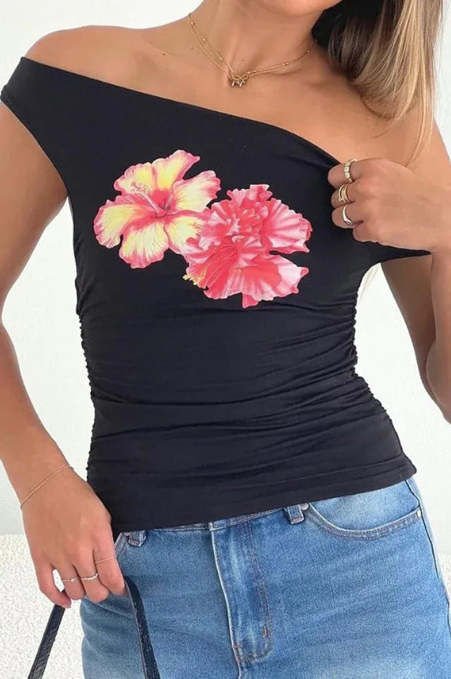 Twist Off Shoulder Graphic Top - TEVQA