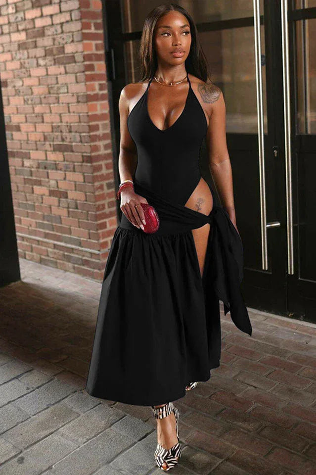 V-Neck Bodysuit Wrap Skirt Set - TEVQA