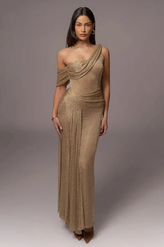 Gold Draped Metallic Maxi Dress - TEVQA