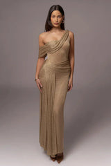 Gold Draped Metallic Maxi Dress - TEVQA