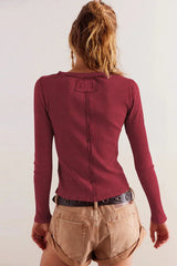 Vintage Rouge Ribbed Button-Front Long Sleeve Top - TEVQA