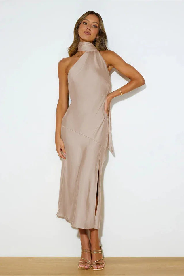 Elegant halter neck satin maxi dress - View 19 | TEVQA