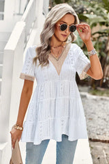 White Eyelet Embroidery V-Neck Blouse - TEVQA