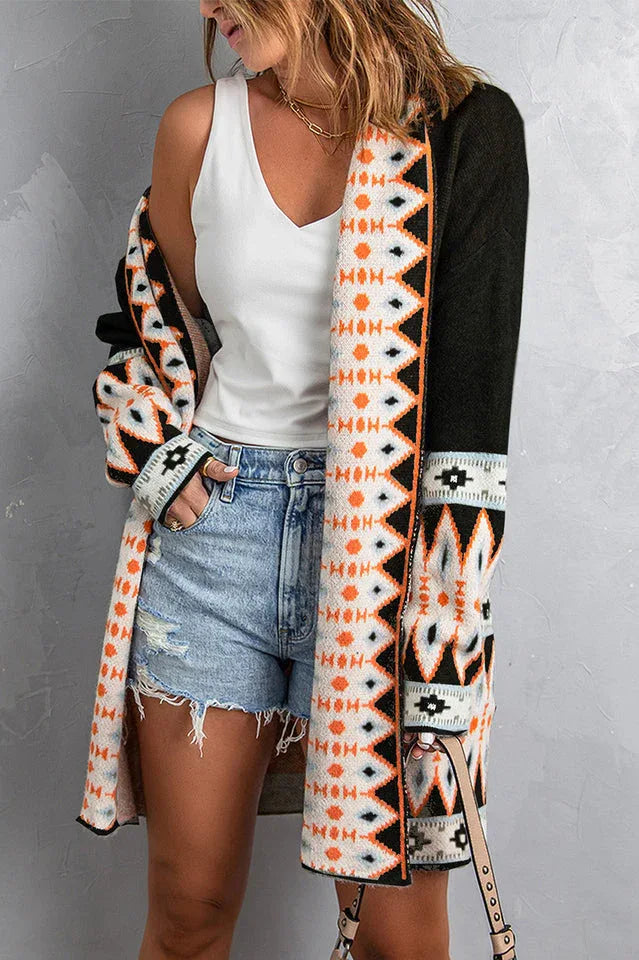 Southwestern Aztec Pattern Knit Cardigan - View 7 | TEVQA