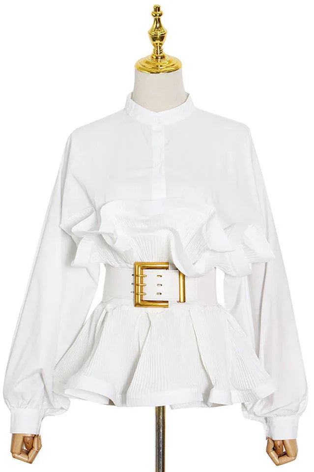 Athina Pleated Ruffle Waist Belt Blouse - View 8 | TEVQA