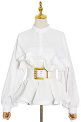 Athina Pleated Ruffle Waist Belt Blouse - View 8 | TEVQA