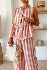 Striped linen blend wide leg pants set - View 8 | TEVQA